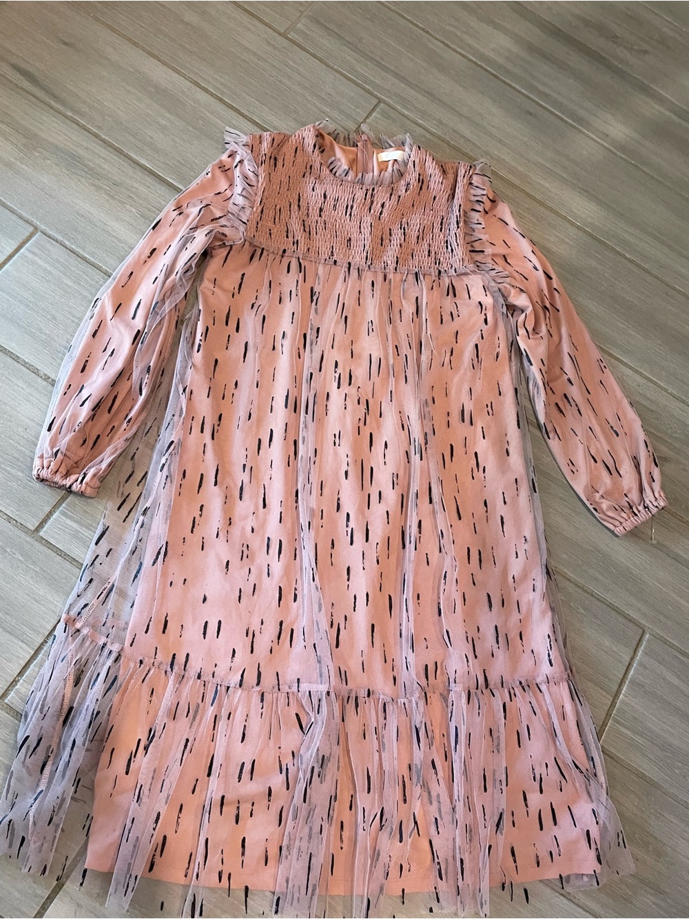 Girls' Pink Smocked Long-Sleeve Tulle Dress